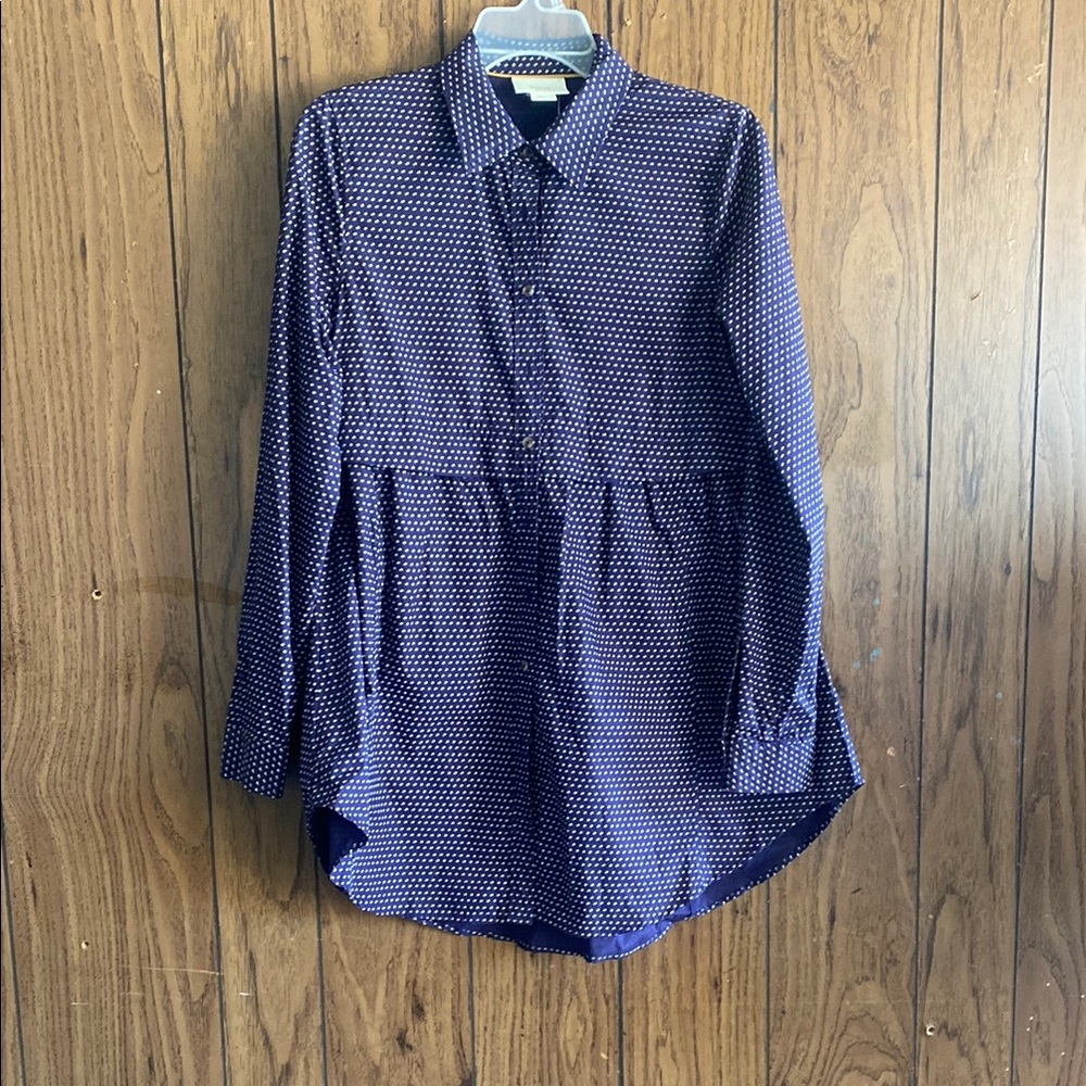 Maeve Blue and White Cuffed Sleeve Button Down Tunic